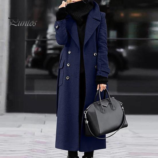 Slim Fit Lapel Coat Women Overcoat Double-breasted Turn-down Collar Cardigan Mid-calf Length Long Sleeves Pocket Jacket with Pockets OL Commuting