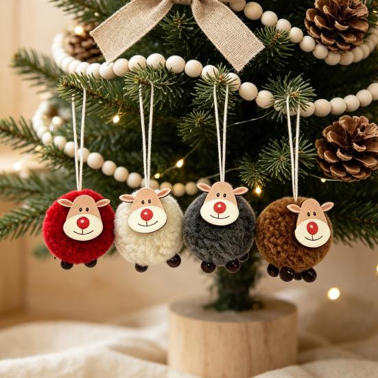 Christmas Tree Ornaments 4Pcs Elk Hanging with Wooden Faces, Reindeer Pendants Holiday Party Supplies for Xmas Home Decor And Decorations Rustic