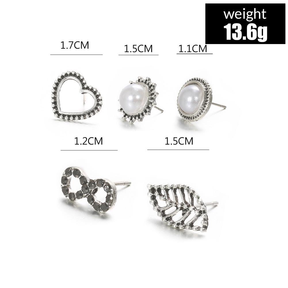 5 pairs Vintage Ear Studs Alloy Imitation Pearl Leaf Earrings Eardrop Gift for Women