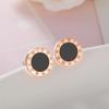 European & American Creative Titanium Steel Roman Numeral Black Round Earrings, Chic Women's Rose Gold Studs.
