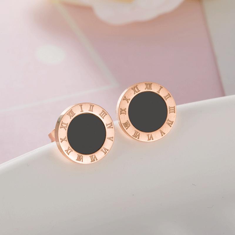 European & American Creative Titanium Steel Roman Numeral Black Round Earrings, Chic Women's Rose Gold Studs.