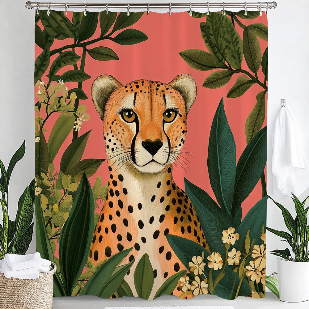 Tropical Plants, Flowers and Pink Leopards Print Waterproof Shower Curtain Hanging Curtain 12 Hooks Decoration Machine Washable