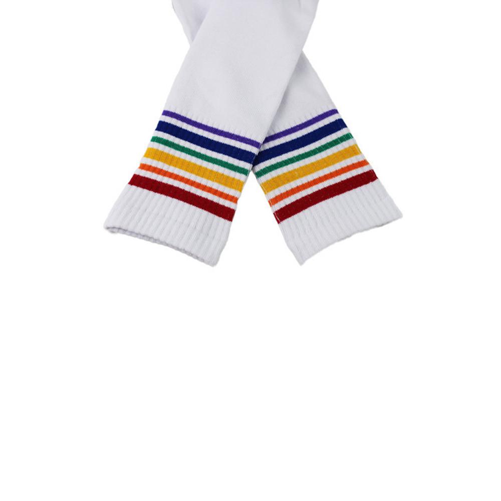 Rainbow Stripe Stockings With White Sneakers Casual Sporty Chic Look Vibrant Colors Comfortable Daily Wear Soft Breathable