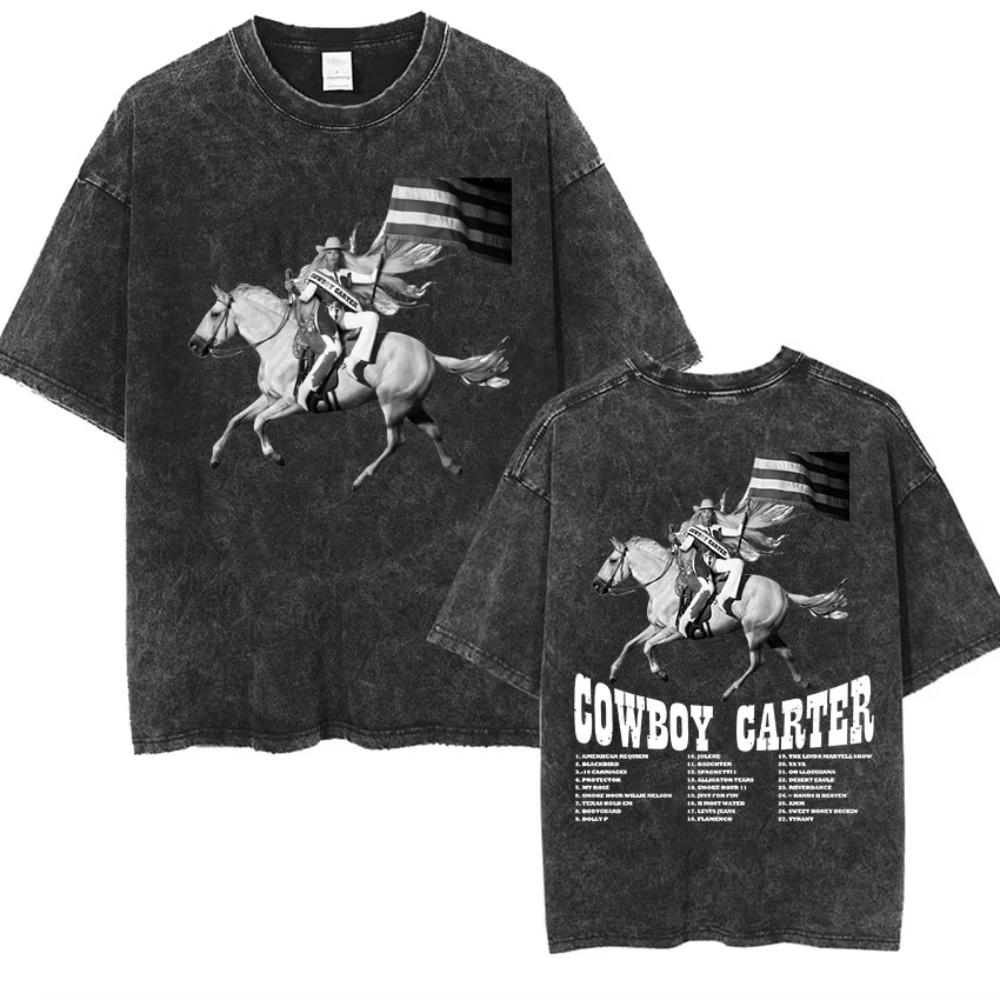 Cowboy Carter Beyonce Tour Vintage Washed T Shirts Men Women Hip Hop Harajuku Oversized Tshirt Summer Clothing Cotton Tees