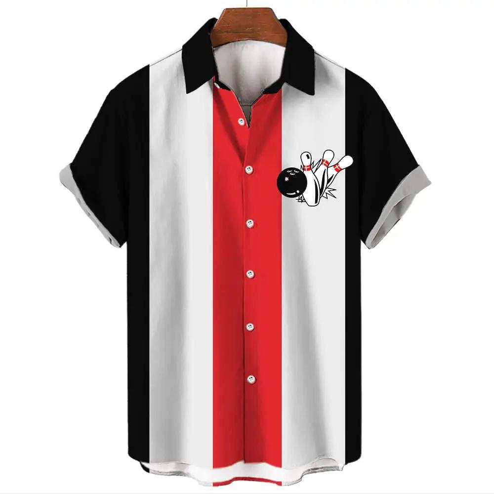 Fashion Bowling Ball Pattern Print Men's Shirt for Men Tops Summer Men's Clothing Short-Sleeved Button Loose Blouse Shirts