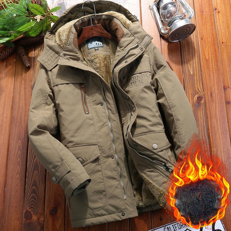 

Утепленная мужская бархатная утолщенная зимняя свободная повседневная куртка среднего возраста с несколькими мешками, утепленная куртка с защитой от холода M хаки