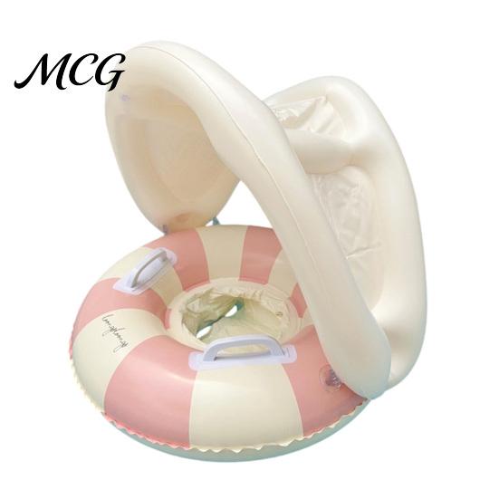 Inflatable Swim Ring Baby with Detachable Canopy, Striped Pool Float Seat Floating Handle, Sun Protection Swimming for Toddlers Toddler розовый
