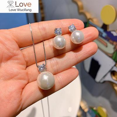 Charms 12mm White Big Pearl Lab Diamond Pendant Necklace Earrings For Women Wedding Party Jewelry Sets Delicate Gift Accessories