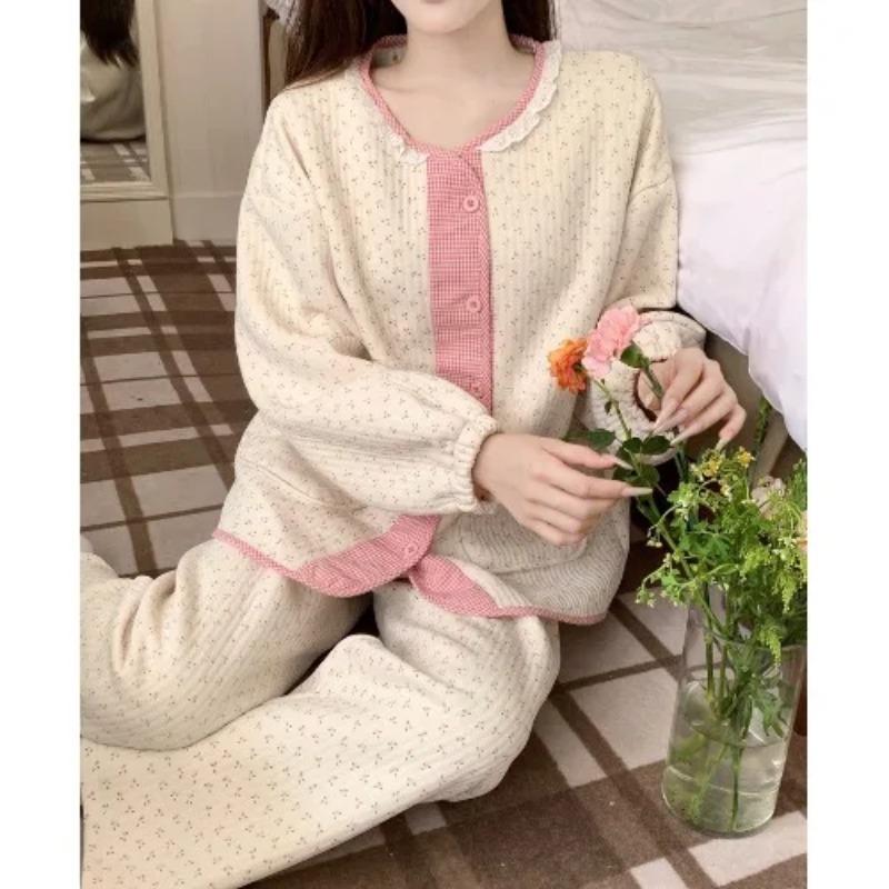 

Пижама из хлопка для женщин на осень и зиму, утепленная корейская версия, нежный цветочный воздушный слой, комплект домашней одежды из чистого хлопка One Size