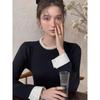 Women's Slim Black Pearl Stand Collar Knit Sweater - Small Fragrance Style, Early Autumn Layer