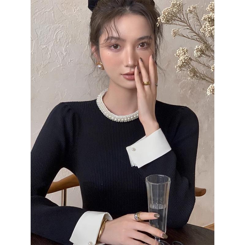 Women's Slim Black Pearl Stand Collar Knit Sweater - Small Fragrance Style, Early Autumn Layer