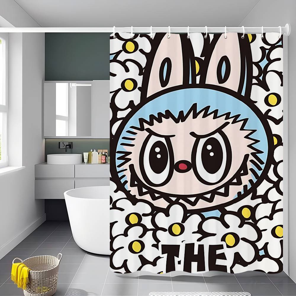 Cute L-labubu Cartoon Shower Curtain Bath Curtain Print Polyester Fabric Waterproof Bathroom Curtains With Hooks Bath Screen