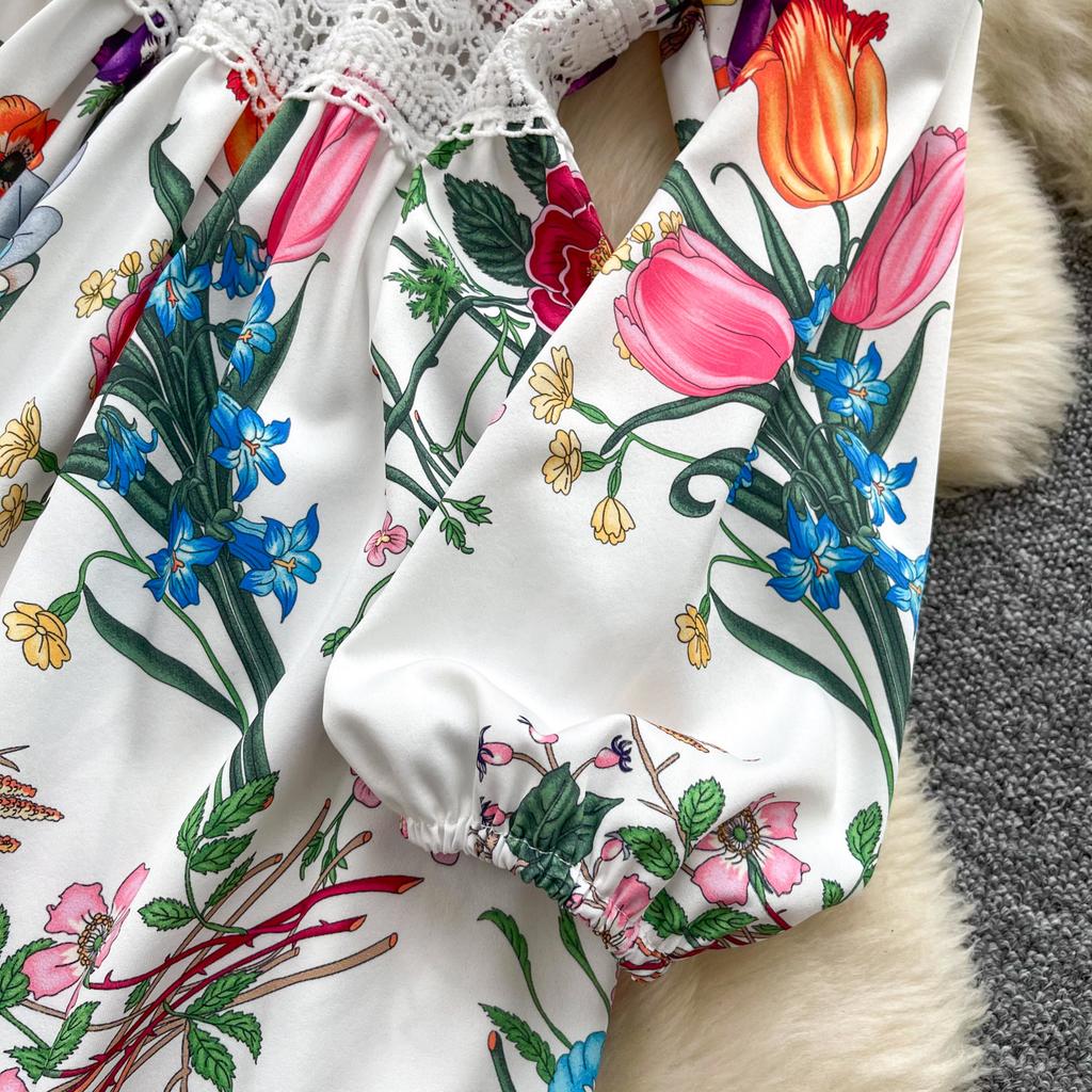 2026 New Floral Print Lace Patchwork Maxi Dress Women Elegant V Neck Long Sleeve White Casual Party Long Dresses Bohemian Robe