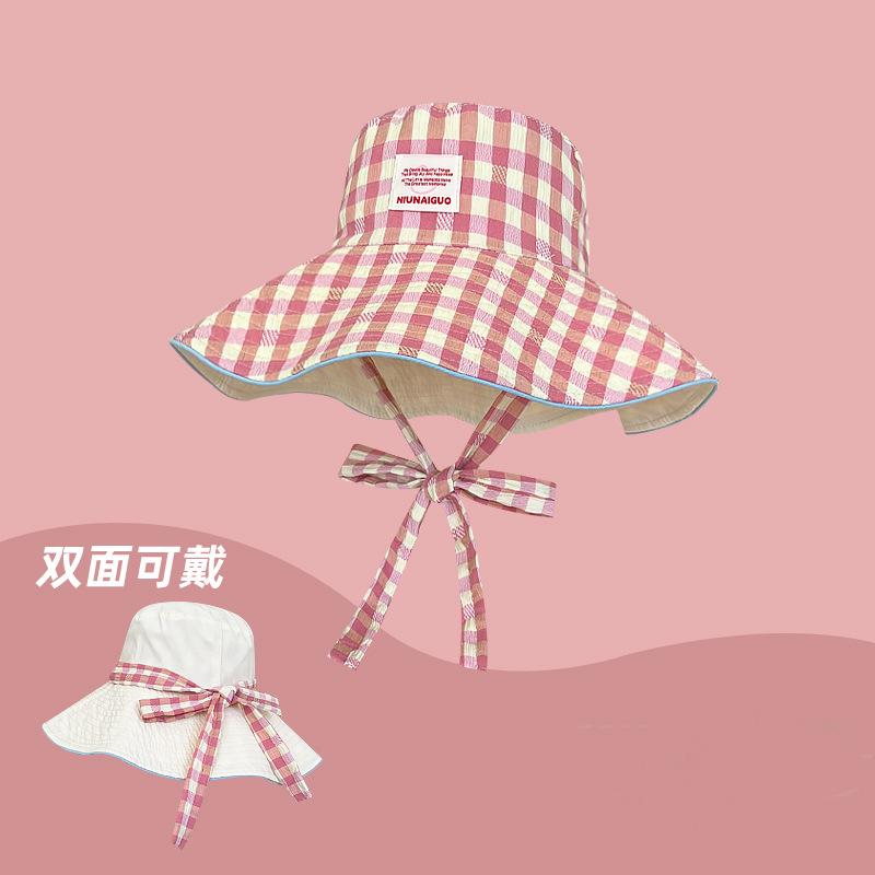 Double-sided Plaid Fisherman's Hat Children's Summer Thin UV-proof Foldable Large Brim Sunshade Sun Hat