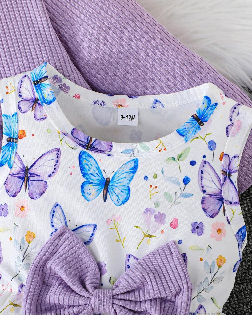 2PCS Baby Girl Butterfly Print Dress with Ruffle Cardigan, Sleeveless Dress & Knit Jacket Set