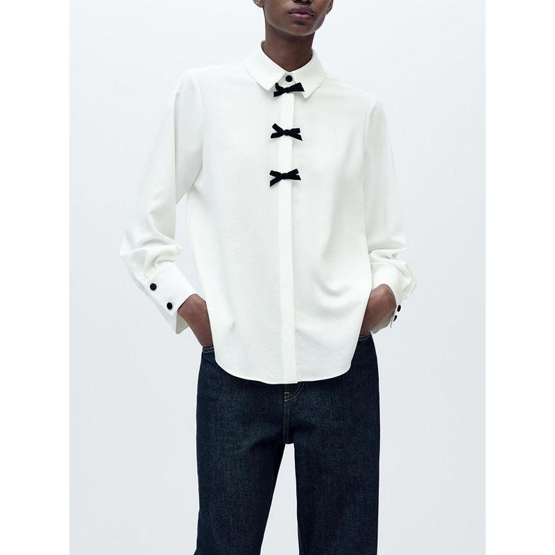 Za2025 Spring New Women's Clothing Dot Bowknot Decoration Temperament Long Sleeve Lapel Casual Shirt 2136623