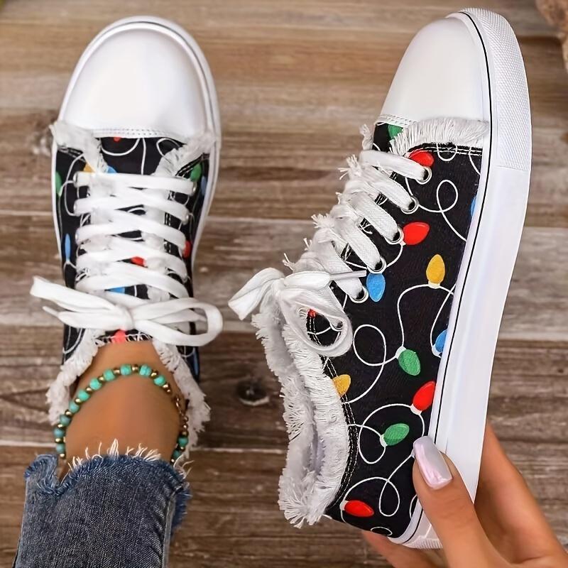 Women's Colorful Print Lace-Up Sneakers - Lightweight, Comfortable Casual Sneakers with Non-Slip TPR Sole