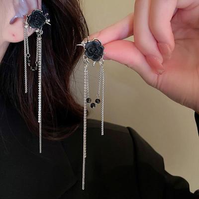Korean Black Rose Tassel Earrings: Elegant & Trendy Design