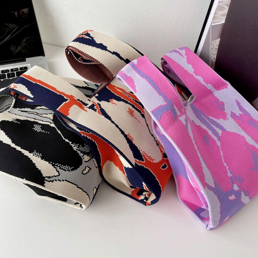 Reusable Mini Shoulder Bag Women Girls Casual Color Knot Wrist Bag Handmade Tote Bag Knit Handbag