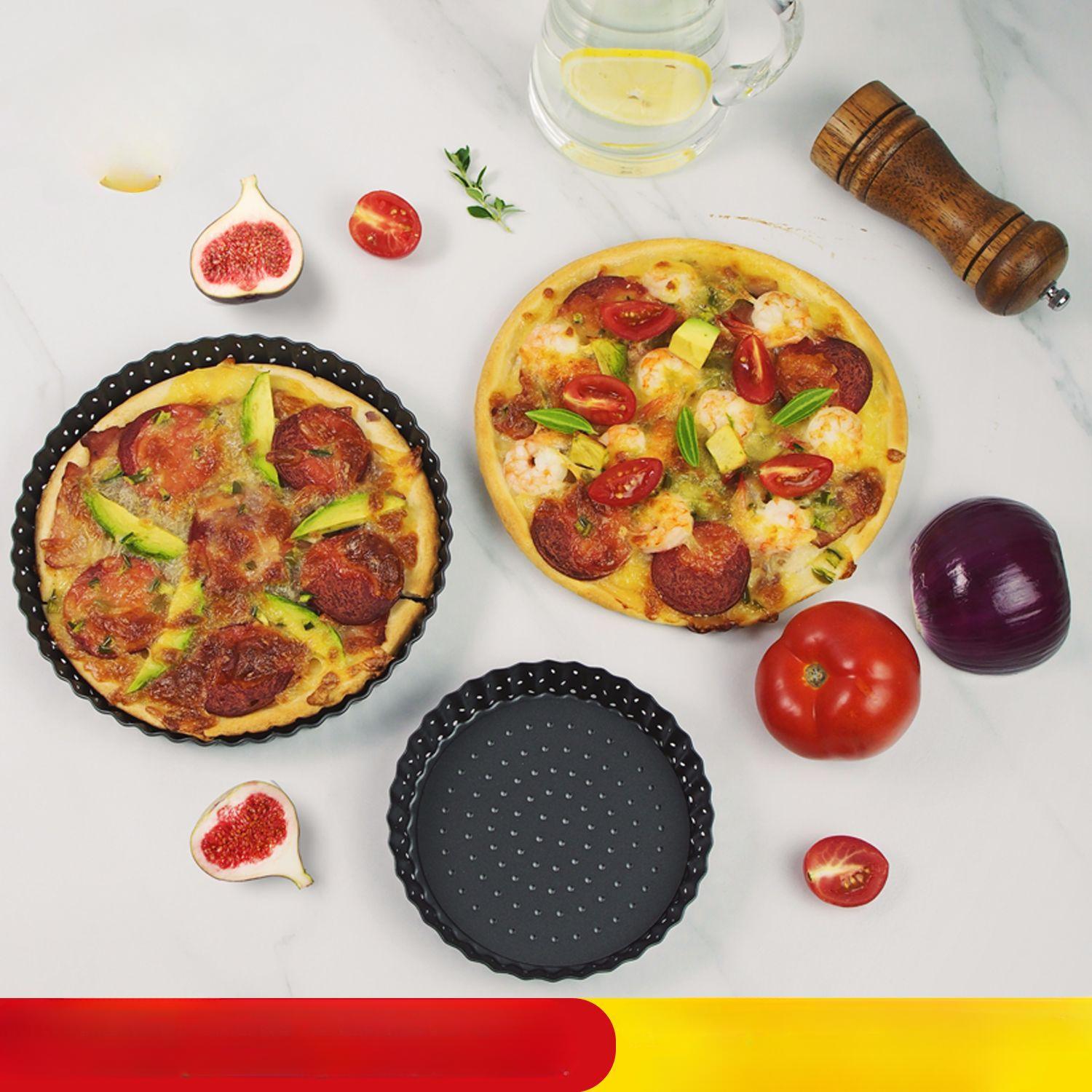 

New punched pizza plate, carbon steel thickened non-stick bottom Pizza plate, crispy baking mold baking tray 5 світло-сірого кольору
