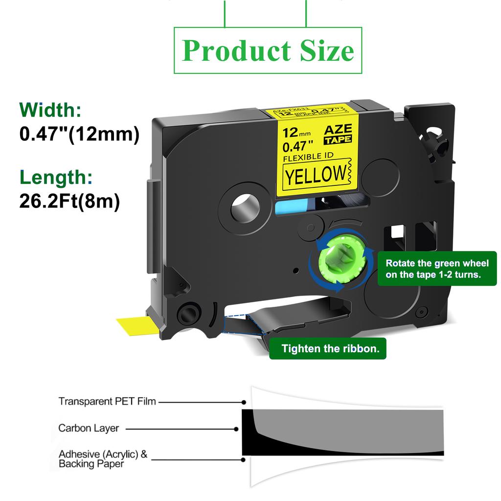 5PK 12mm Flexible ID Laminat Tape Compatible Brother TZe-FX631 Black On Yellow Label Cartridge For P-Touch Label Printer PT-1010