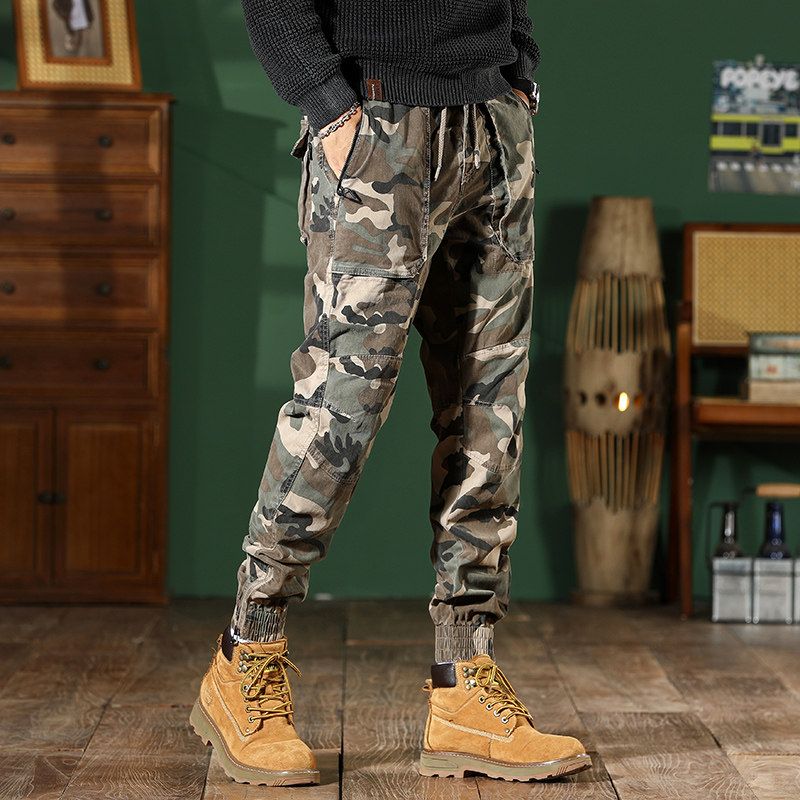 Men's Slim-Fit Camouflage Cargo Pants with Drawstring, Harem Style, Spring and Autumn Trendy Outdoor American Casual Long Pants