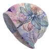 Libellen-Blumen-Beanie-Mütze - Lebendiges Blau mit Libellen- und Mehrfarben-Blumen-Design, Weicher, dehnbarer Strick für Freizeit und Outdoor