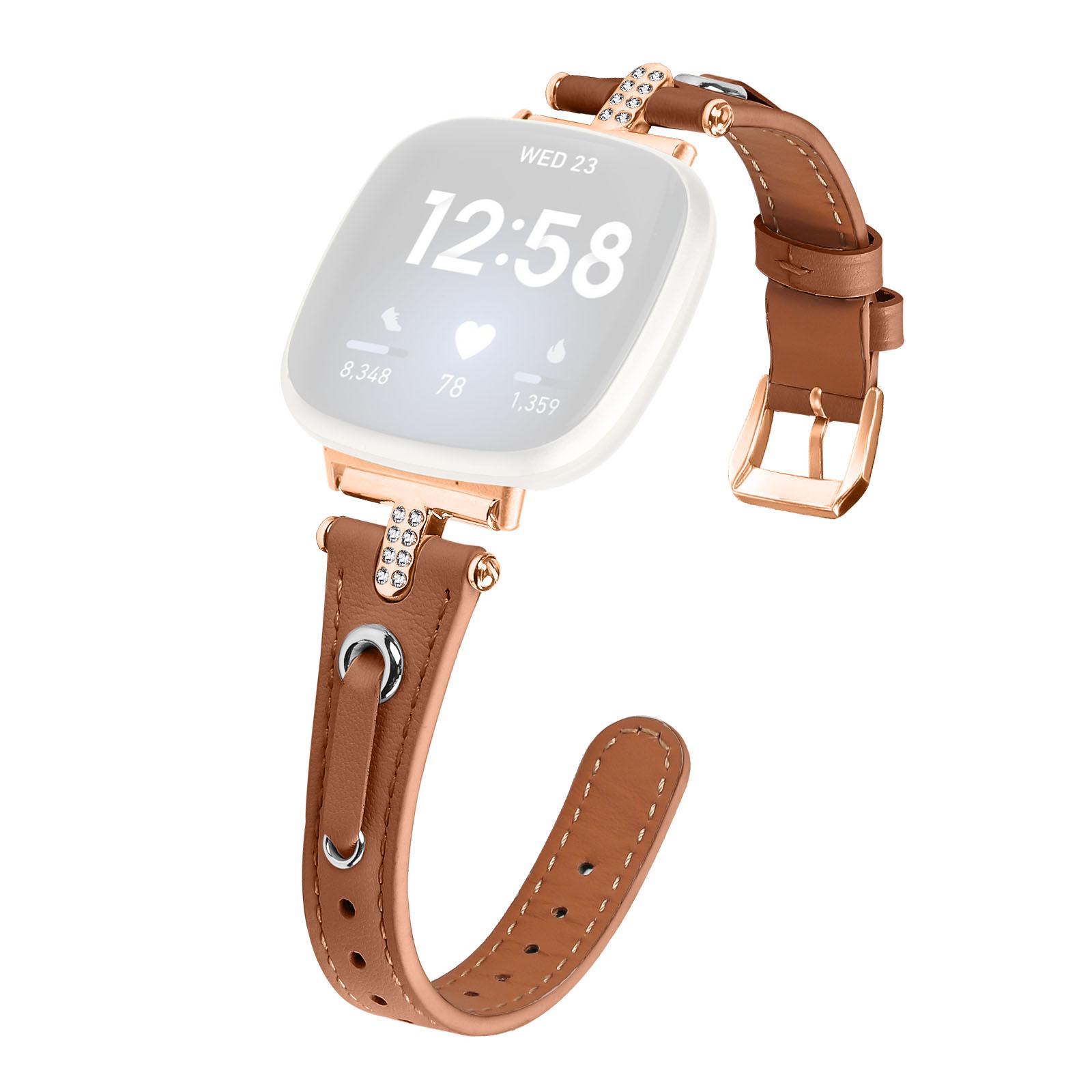 

For Fitbit Versa 4/Sense 2 Watch Wrist Band Genuine Cow Leather Strap (Rose Gold Buckle) Brown