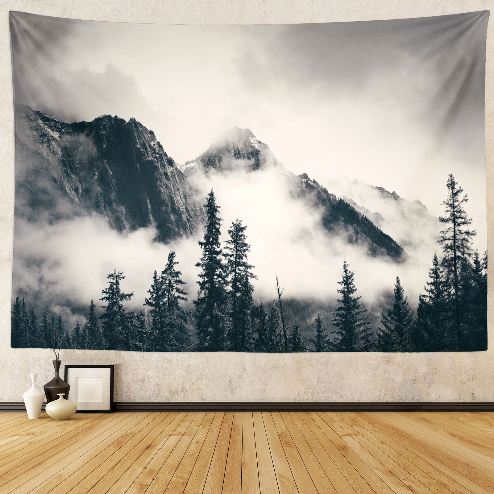 

Fog Mountain Forest Tapestry Misty Forest Nature Woodland Aesthetic Tapestry Wall Hanging Art for Bedroom Living Dorm Decor W95xH70cm