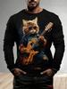 Cool Cat Guitar Player Print Long Sleeve T-Shirt, Casual Fashion Wear