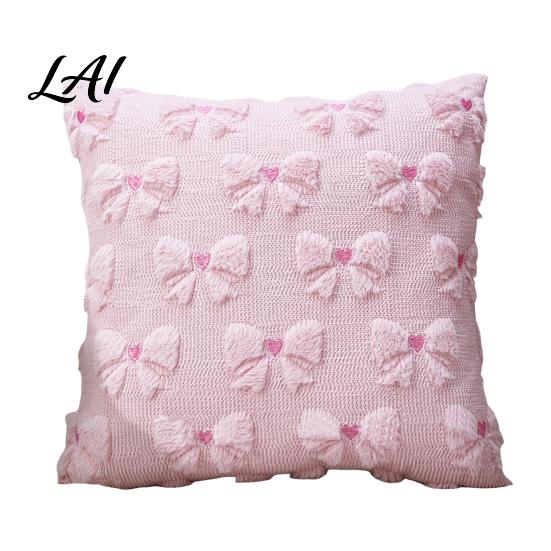 Soft Plush Cushion Cases Throw Pillow Cover Heart Embroidery Case with 3D Bowknot Jacquard Decorative Pillows for Anniversary Fluffy Couch