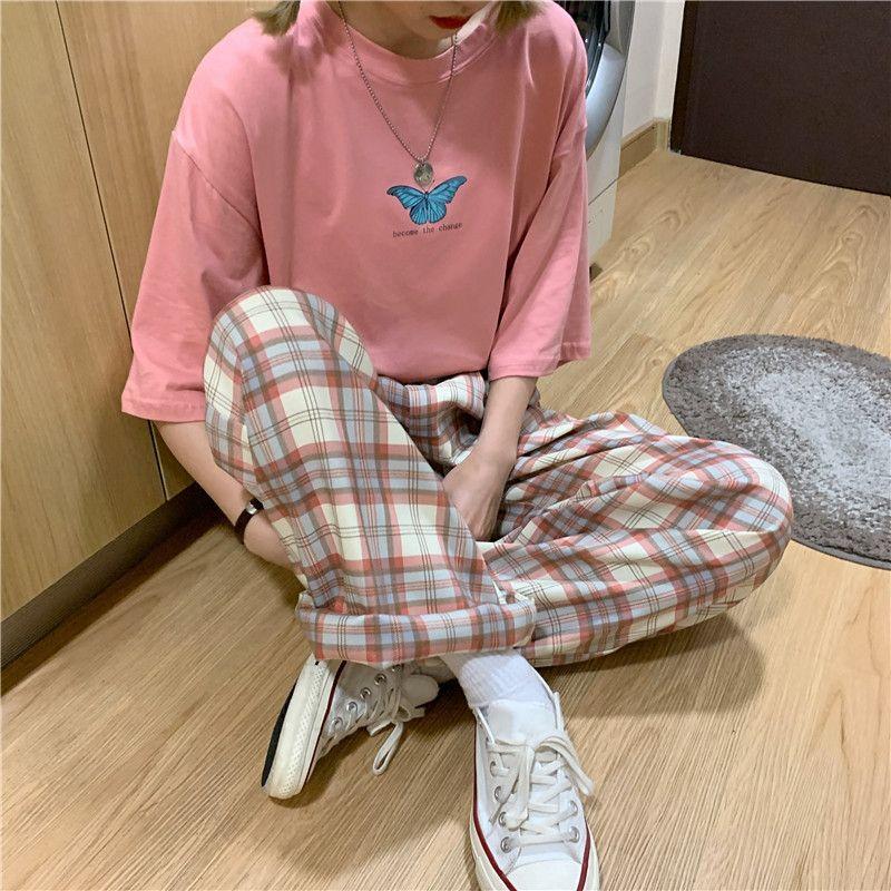 Plaid Casual Pants for Women In Spring and Autumn New Baggy Straight High Waist Wide-leg Long-cut Trousers