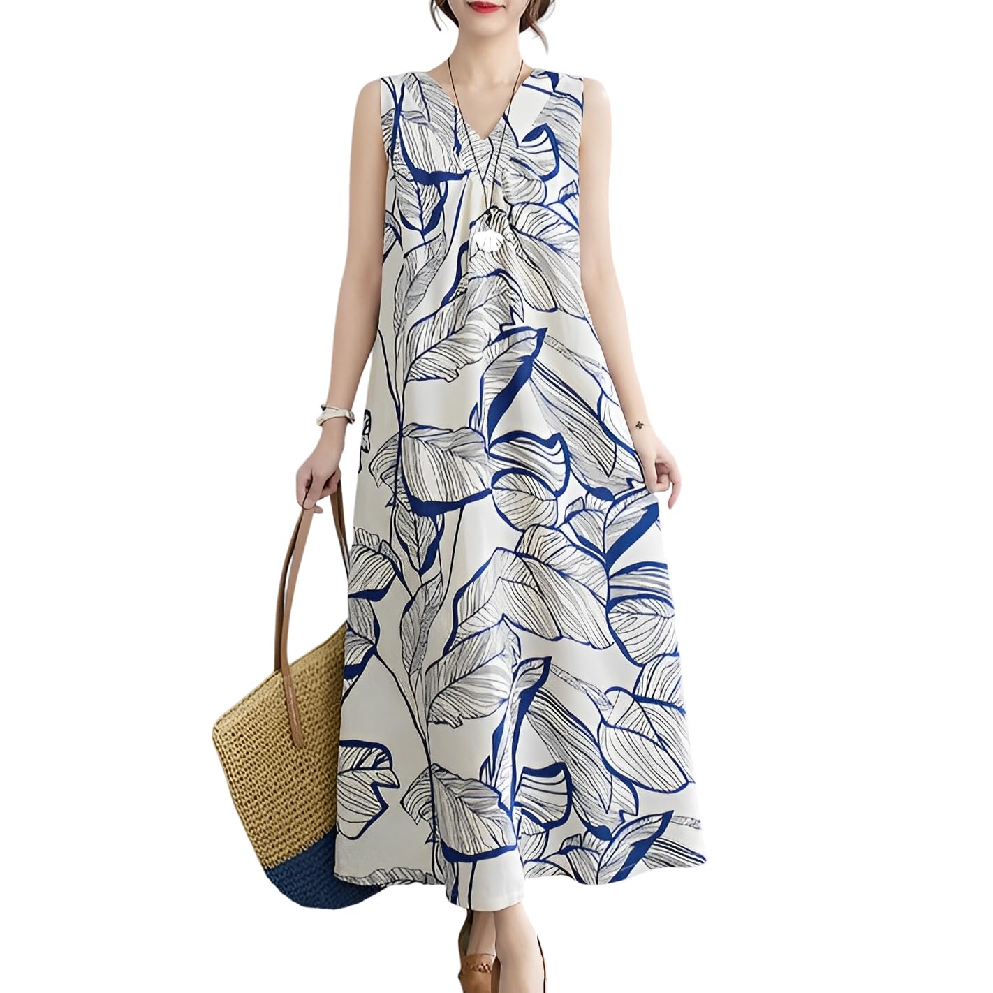 

Макси платье без рукавов размера L [UQQA] женское, летнее, с V-образным вырезом, длины, курортное, с карманами, с принтом по всей поверхности, длинное, свободного кроя, для свиданий, легкое, девчачье, белый