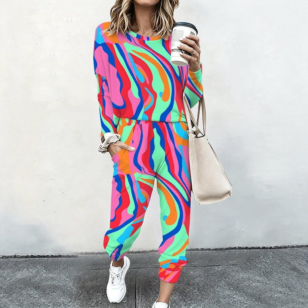 Women Crew Neck Long Sleeve Blouse And High Waist Wide Leg Trousers Two Piece Casual Suit