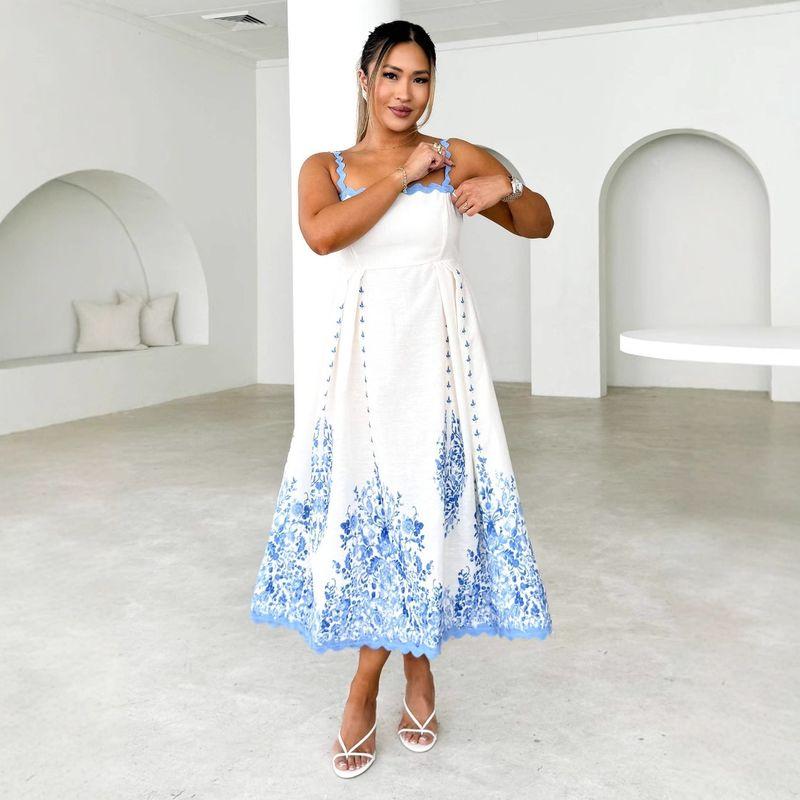 Strap Dress European and American 2025 Women Summer Fashion Print Wave Sleeveless Backless Lace-up Sling Dress