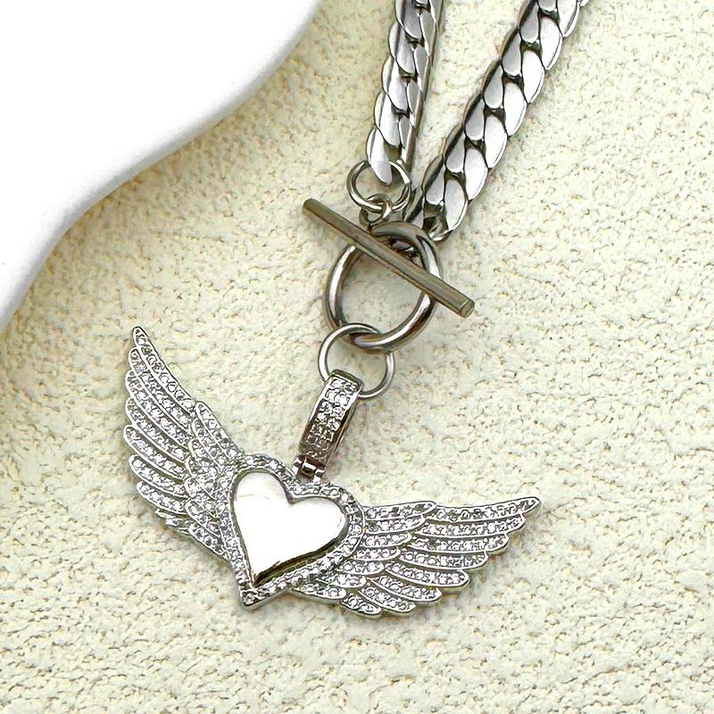 Love Heart Angle Wing Zircon Choker Necklace for Women Men Stainless Steel Clavicle Chain Copper Pendant Couple Jewelry Gift