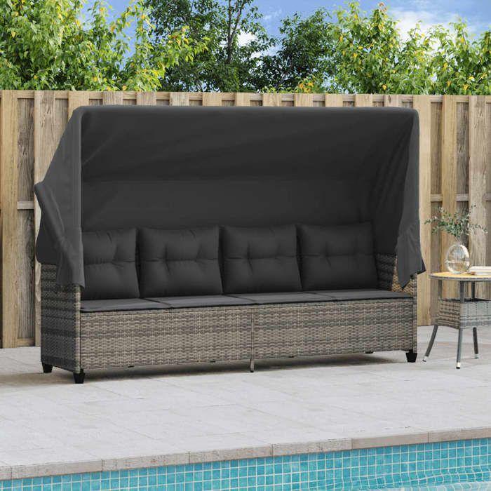 VidaXL Chaise Longue avec Auvent et Coussins, Siège avec Dossier, Transat avec Housse Jardin Terrasse Patio, Moderne, Gris 368337