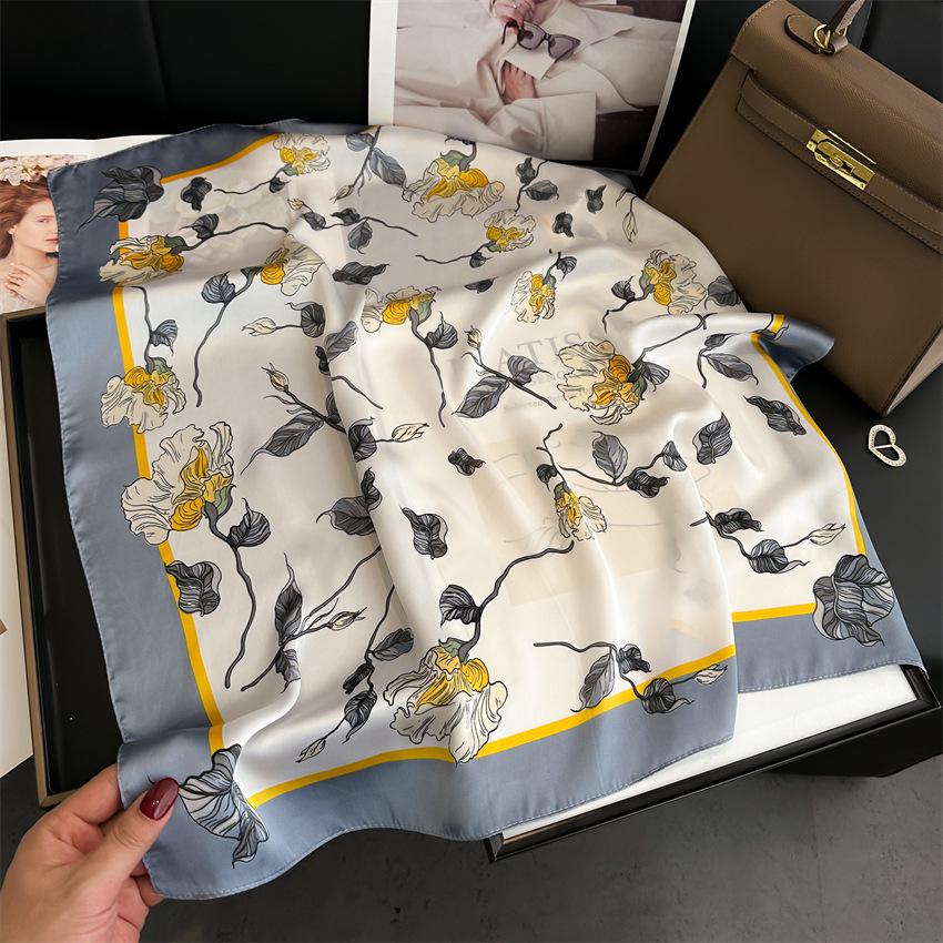 Elegant Ginkgo Leaf Print Silk Square Scarf – Versatile Headscarf for Spring and Summer