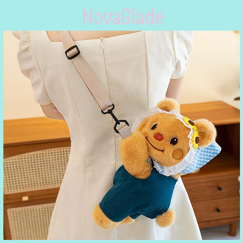 Adorable Brown Butter Bear Plush Crossbody Bag With Cute Denim Overalls For Girls