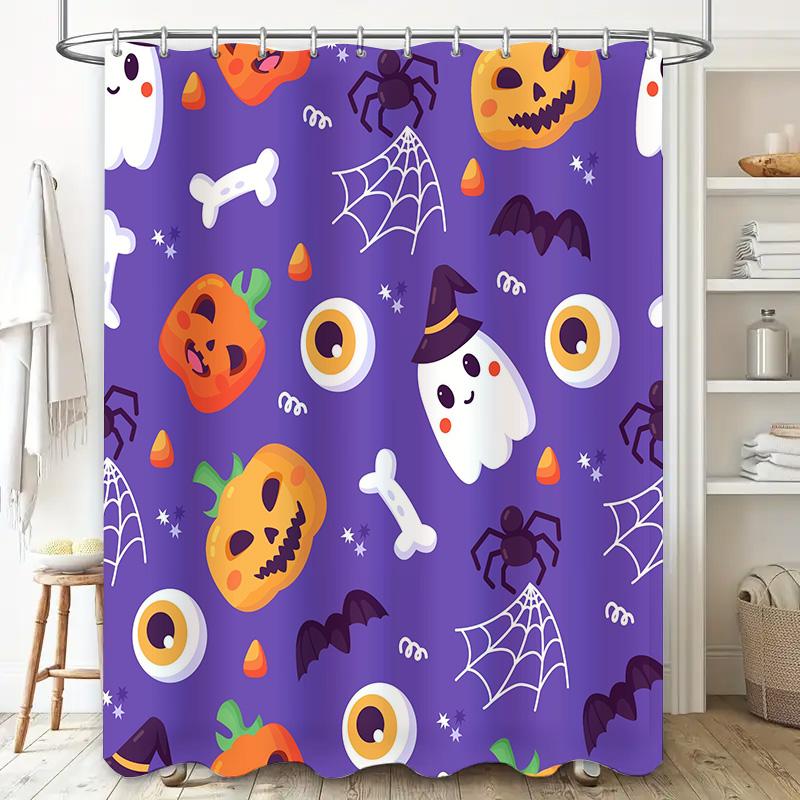 Purple Halloween Shower Curtain with Ghosts Pumpkins spooky bathroom decor for kids adults alike