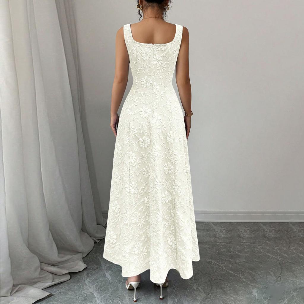 Women's Fashionable Color Square Neck Pullover, Fresh And Sweet Waist Cinched A-line Length Dress