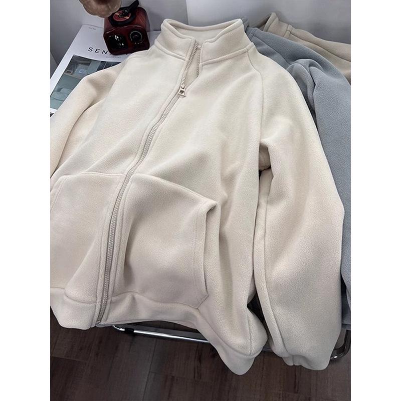 Women's Double-Sided Plush Zip-Up Fleece Hoodie - Warm, Loose Fit, Stand-Collar, Ideal for Petite Sizes, Perfect for Autumn and Winter.