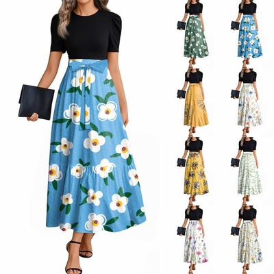 Women's Fashion Casual Belt Short Sleeve Round Neck Floral Stitching Elegant Temperament Dress