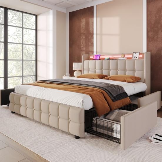 LED Light Bed Soft Cushion Headboard Upholstered with 2/4 Drawers USB Charging Metal Basket Strong Wood Slat Support Bedroom Furniture Teen