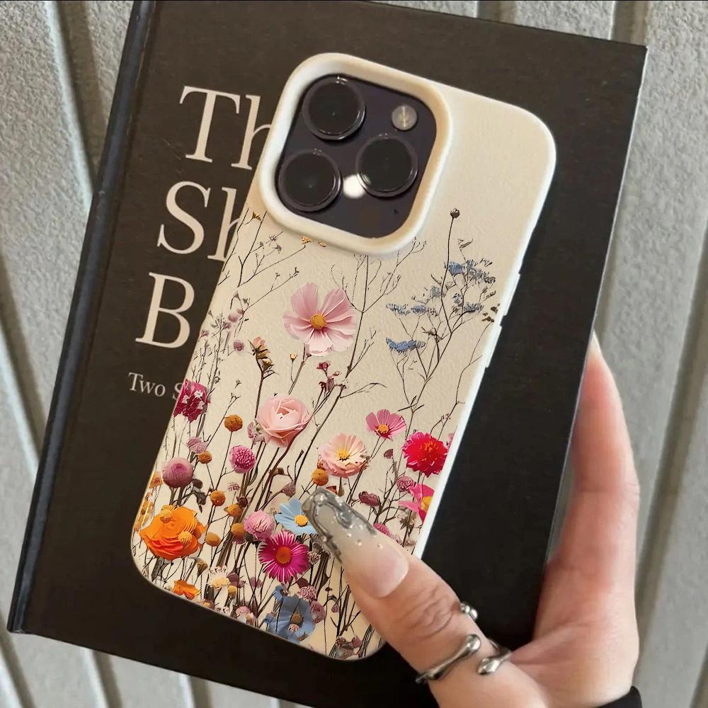 INS Cool Flower Lavender Luxury Lichee leather pattern Phone Case For iPhone 17 16 15 14 13 12 11 Air Pro Max Plus X XR XSMax