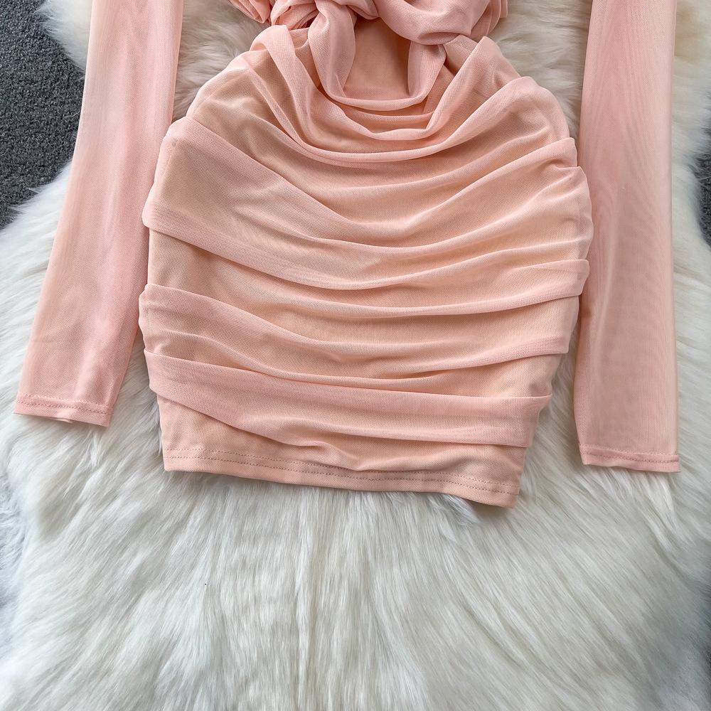 Spring and Autumn Women's Dress Pure Desire Spice Girl Sexy Long Sleeve Square Neck Waist Slimming Mesh See Through Stereoscopic Flower Hip Dress