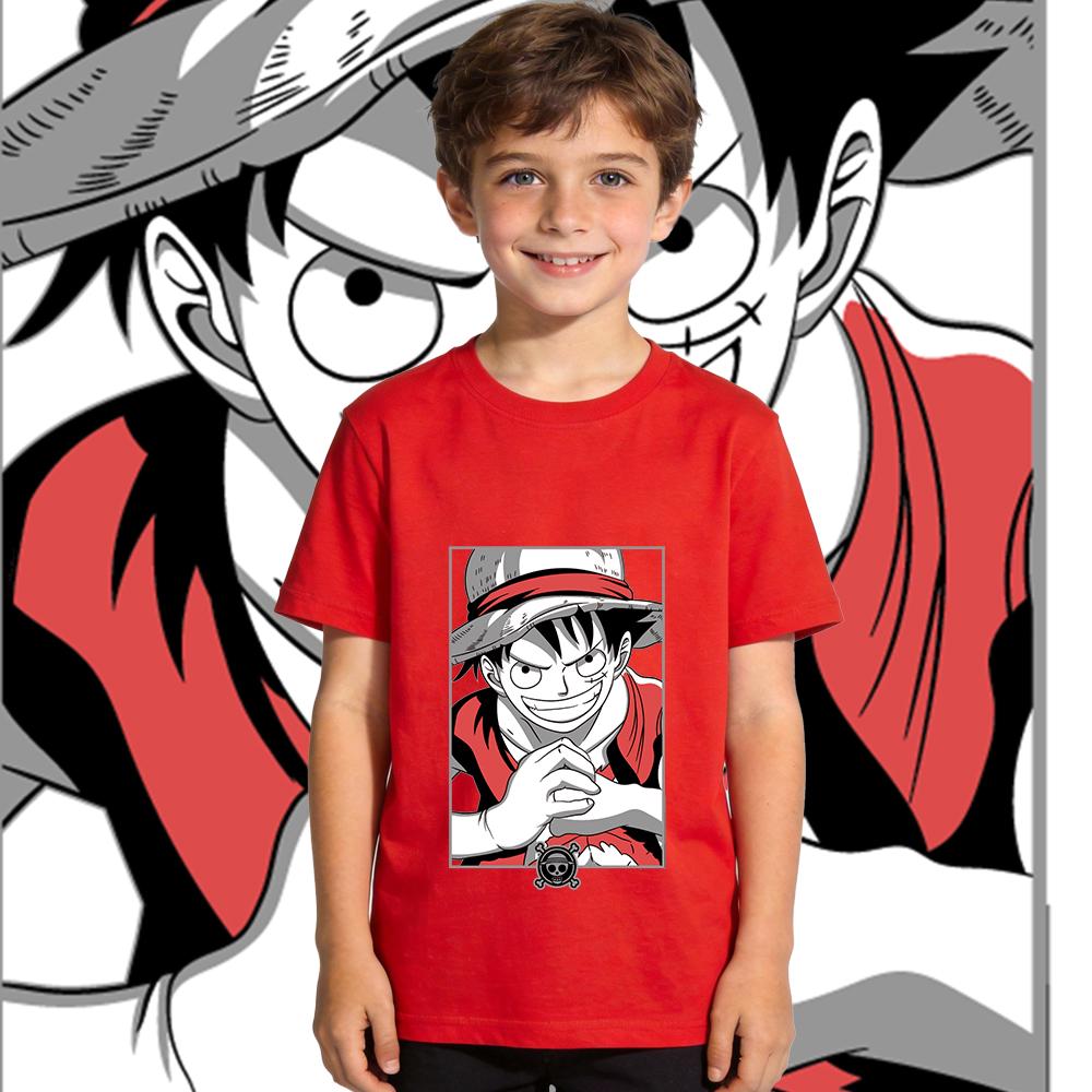 One Piece Luffy Anime Print Cotton T Shirt for Boys and Girls Kids Summer Casual Short Sleeve Soft Breathable Top