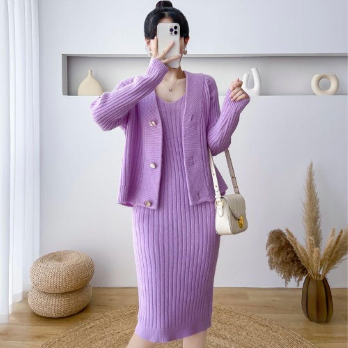 

Вязаный кардиган с V-образным вырезом + платье-свитер на бретелях, комплект из двух частей, женское трикотажное платье без рукавов L фиолетовый