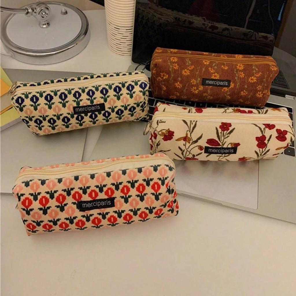 1pcs Corduroy Pencil Bag Pen Case Vintage Flower Grid Artistic Style Student Bag Unique Stationery Storage Pouch School