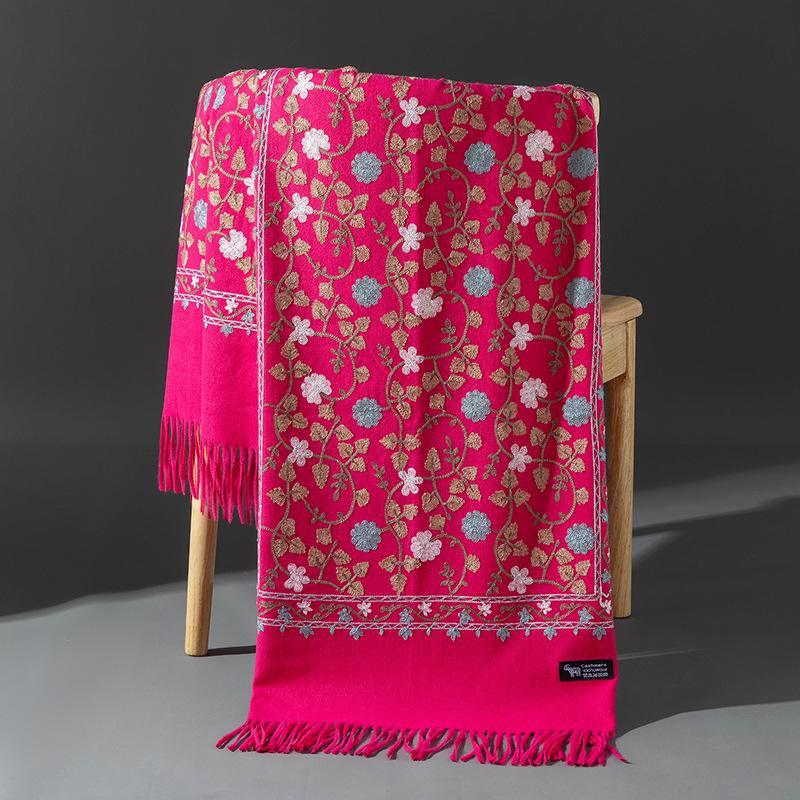 Xinjiang Embroidered Imitation Cashmere Scarf: Women’s Ethnic Style, Warm and Versatile with Tassels